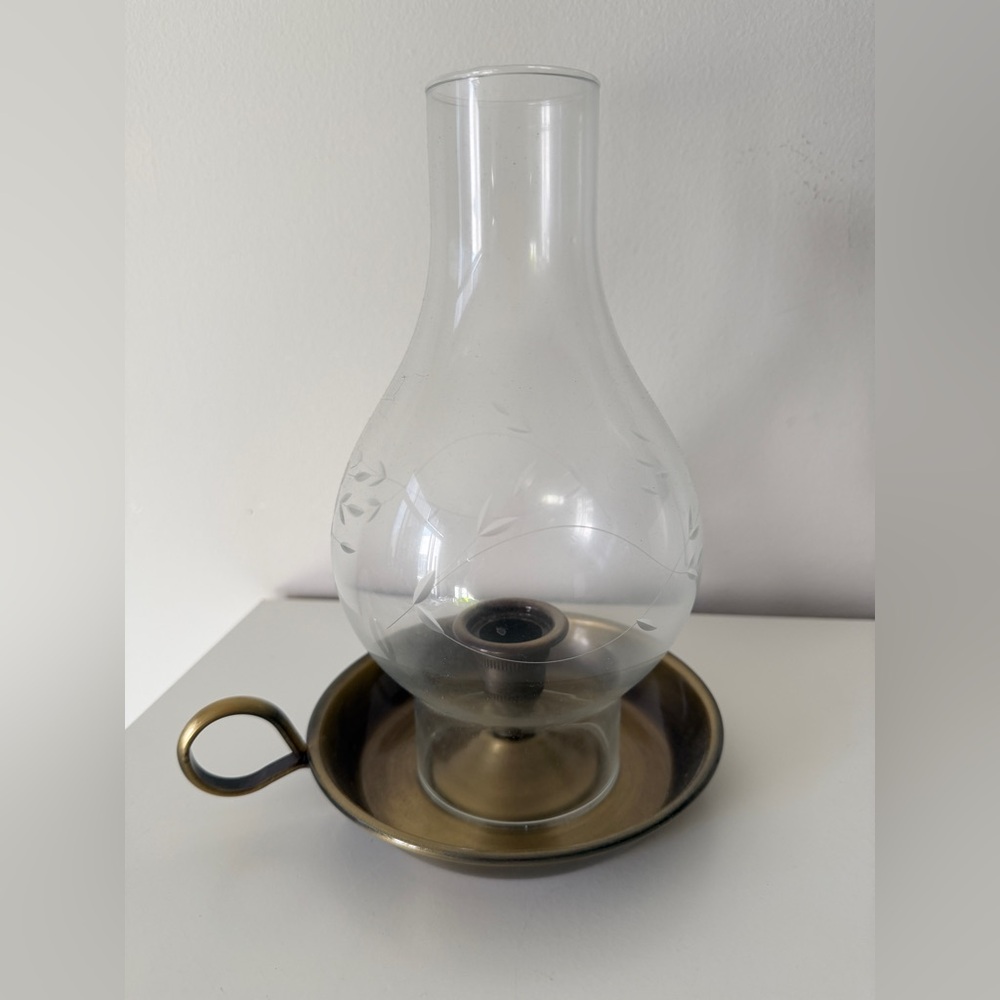 Vintage Glass Oil Lamp Hurricane Style with Brass Base - Picture 1 of 5